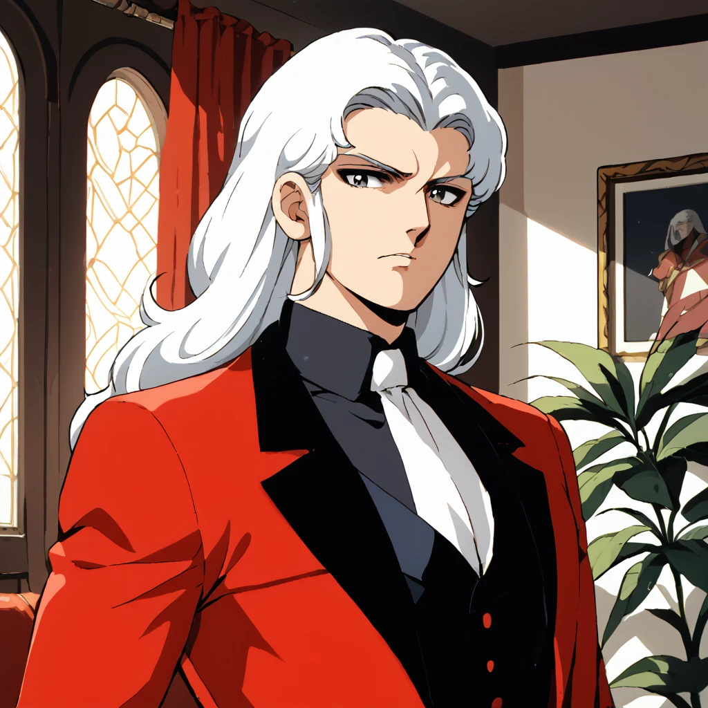 retro anime, solo male, handsome face, masculine, grey eyes, white hair, red suit, drapes, interior room, <lora:patallirokiP:0.7>, (score_9, score_8_up, score_7_up)