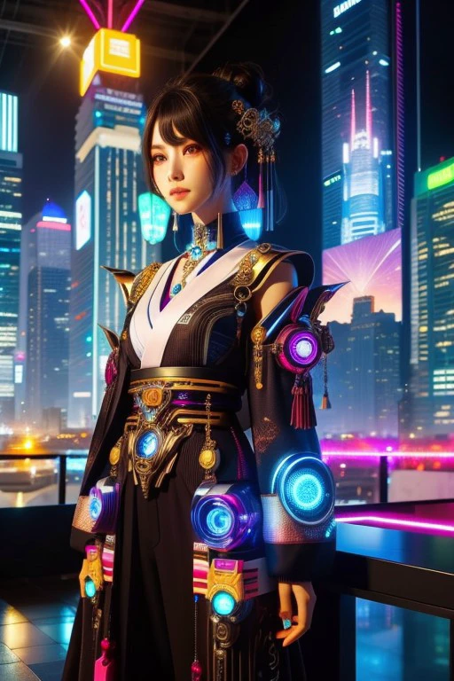 (High quality), (masterpiece), (detailed), 8K, A captivating portrait of a young woman with (striking features1.2) emerges from a (futuristic1.2) backdrop. She dons a (modern1.2) ensemble, blending (traditional Japanese1.2) elements with (cyberpunk1.2) aesthetics. Her (intricate1.2) outfit, adorned with (LED lights1.2), glows in vibrant (neon hues1.2), contrasting the (urban1.2) environment. The cityscape behind her is a (dystopian1.2) vision, with towering skyscrapers and (hovering vehicles1.2).