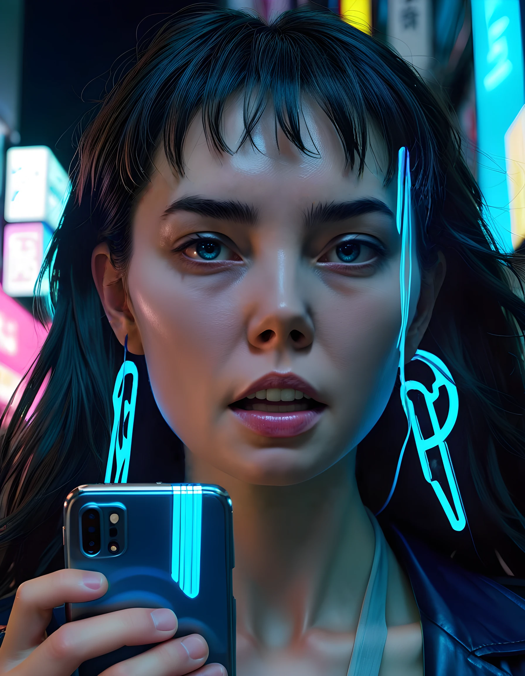 In a grungy, neon-lit cyberpunk alleyway of Tokyo's Akihabara district, the camera captures a mesmerizing close-up of H4RP0N3S, a woman with long, wavy black hair adorned with intricate silver earrings that glint in the eerie neon light. Her lips are painted a vibrant, electric blue, accentuating her sharp canines, a telltale sign of her cybernetic enhancements. Her eyes, hidden behind reflective shades, flicker with an otherworldly intensity as she strikes a defiant pose, one hand casually resting on the hilt of her samurai sword, while the other grips a neon-colored smartphone, its screen displaying a hacking interface in the background. The image exudes a raw, edgy emotional tone that speaks to both the dark underbelly and the electric energy of this high-tech, dystopian world.