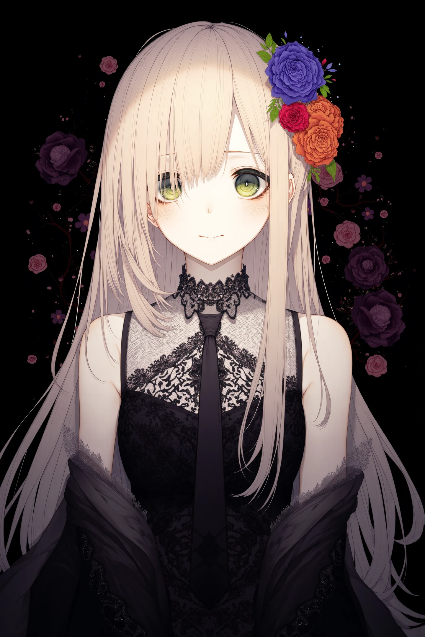 1girl,green eyes,solo,blonde long hair,purple,blue,red,and orange hair flower,looking at viewer,portrait,smile,closed mouth,cropped shoulders,necktie,black lace dress,skirt,black background,floral background,
<lora:Hito komoru_FLUX:1>,