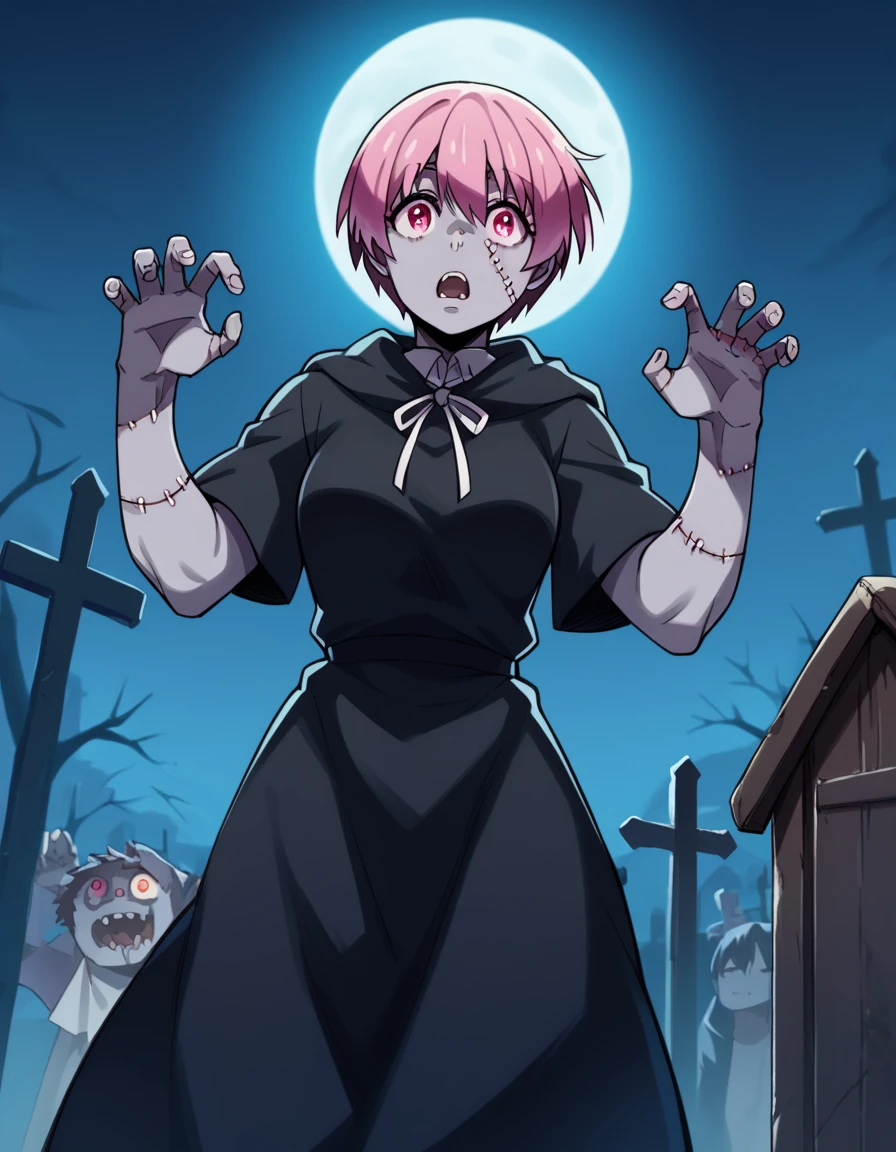 score_9, score_8_up, score_7_up, source_anime, <lora:inca-kasugatani-s2-ponyxl-lora-nochekaiser:1>, inca kasugatani, short hair, pink hair, pink eyes, medium breasts,, <lora:zombie-ponyxl-lora-nochekaiser:1>, zombie, colored skin, stitches, grey skin, multicolored skin, stitched face, zombie pose, halloween, halloween costume,, night, moon, graveyard, tombstone, grave, open mouth, , dutch angle, cowboy shot