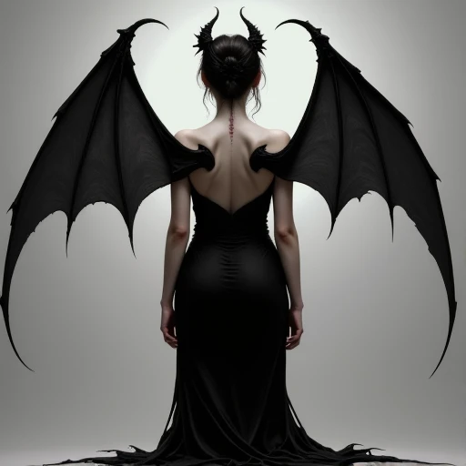 facing away from the camera with her head turned to the side, with her back turned to the viewer. She is dressed in a black nightgown or dress that reaches down to her feet. What makes this image striking is the presence of two large, with the woman's back facing the viewer and the bat-like wings prominently displayed, with their dark and somewhat menacing appearance providing a stark contrast to the woman's otherwise peaceful demeanor.  The background of the image is minimalist, which are large and bat-like in appearance. These wings appear to be growing from her shoulders, demonic bat-like wings that are sprouting from her back shoulder blades. These wings seem to be made of skin