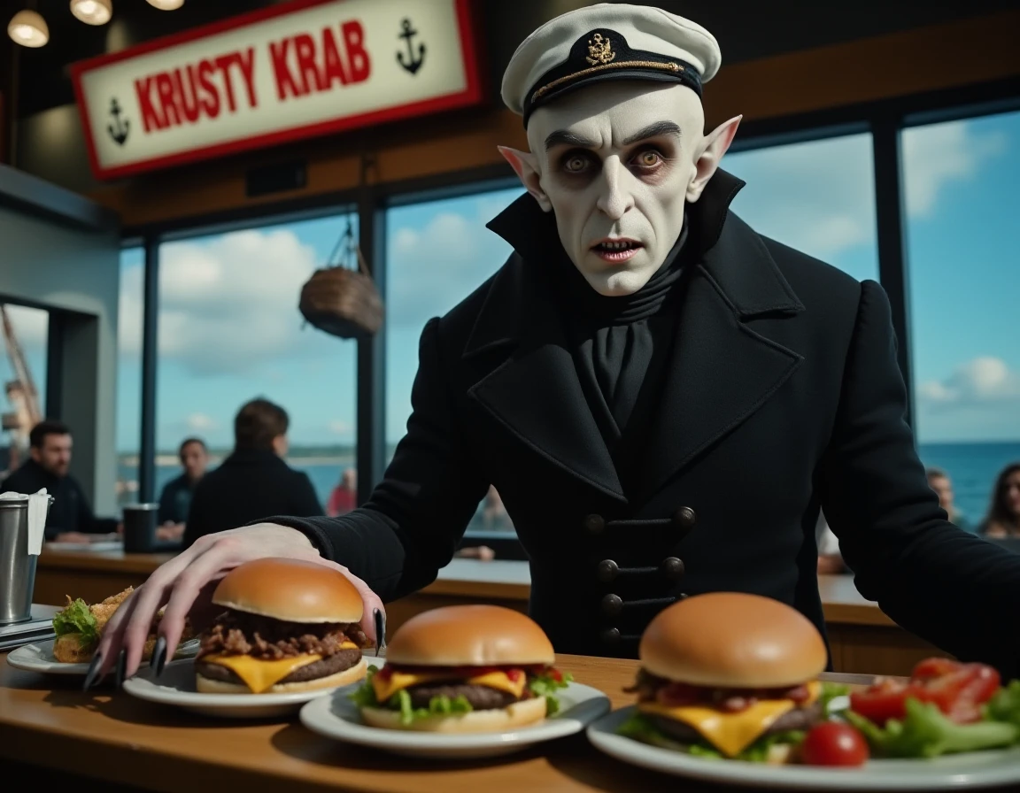 long shot scenic professional photograph of , perfect viewpoint, highly detailed, wide-angle lens, hyper realistic, with dramatic sky, polarizing filter, natural lighting, vivid colors, everything in sharp focus, HDR, UHD, 64K,solo,nosferatu working in a fastfood,((fastfood cap)),fastfood employee,hamburgers,pointy teeth,terrifying,grey skin,long eyebrows,claws,,fastfood sign read "Krusty Krab",nosferatu is wearing a marine captain hat with an anchor on it,<lora:nosferatu-flux-v2:1>