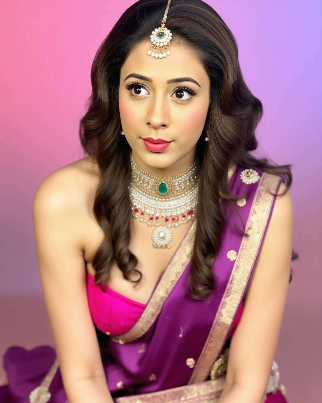 cowboy shot photo of hiba nawab woman,glamor photo, pouting expression on face,studio quality, wearing intricate high neck elegant Plum sleeveless Dhoti Saree, curls, pastel shaded multicolored background<lora:TestBed\Hiba_Nawab_Flux_Kohya_V1-000006.safetensors:1.0:1.0>