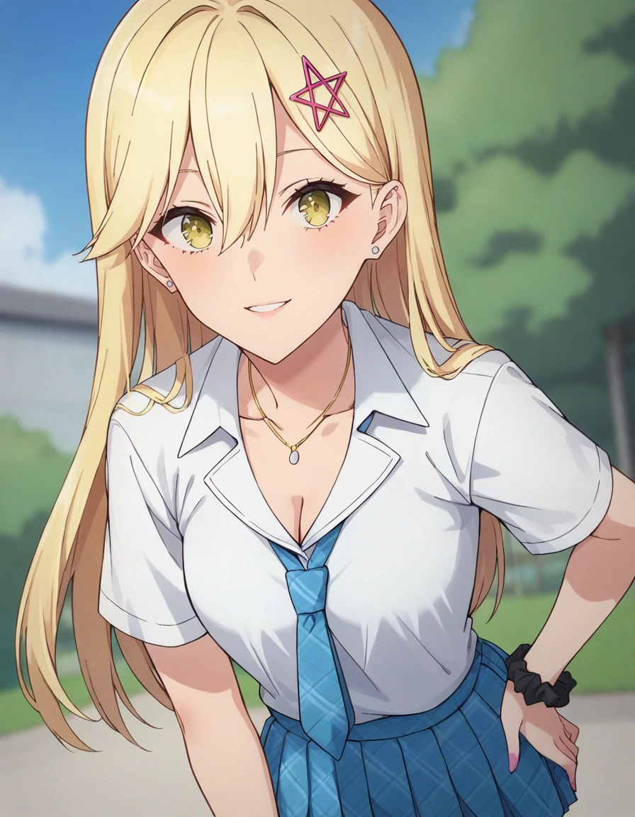 score_9, score_8_up, score_7_up, source_anime, BREAK
1girl, looking at viewer, solo, blurry background, light smile, parted lips, cowboy shot, scenery, outdoors, arms at sides, arm on own waist, leaning forward, dutch angle,
aria kisaki, blonde hair, long hair, hair between eyes, gold eyes, star hair ornament, stud earrings,
school uniform, white collared shirt, short sleeves, collarbone, cleavage, necklace, blue necktie, black hand scrunchie, pink nails, blue pleated skirt,
<lora:aria_kisaki_anime_v2-soralz:0.9>