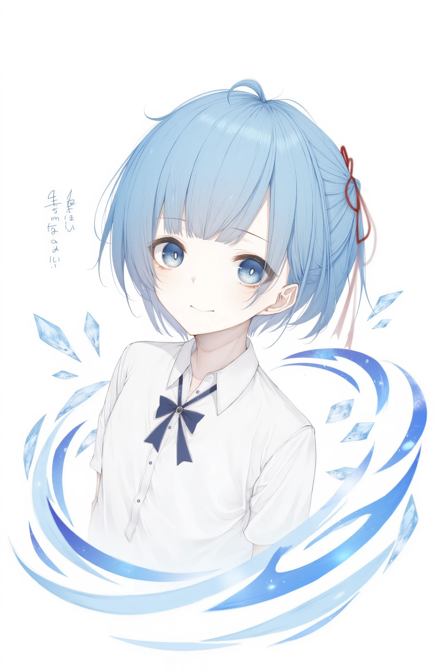 1girl,solo,cirno,wings,blue hair,smile,bow,red ribbon,looking at viewer,blue bow,white background,short hair,hair bow,simple background,neck ribbon,hair between eyes,ribbon,ice wings,ahoge,closed mouth,blue eyes,upper body,shirt,white shirt,portrait,ice,collared shirt,blush,
<lora:Hito komoru_FLUX:1>,