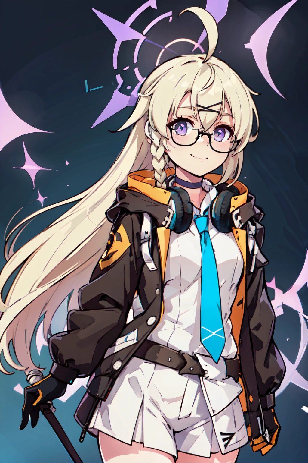 ((masterpiece,best quality)), absurdres,  BREAK, , <lora:Kotama_BlueArchive_Citron:0.8>,, zzKotama, long hair, glasses, halo, hair ornament, purple eyes, hairclip, black-framed eyewear, ahoge, blonde hair, purple halo, braid, hair between eyes, x hair ornament, headphones, semi-rimless eyewear, ponytail, blue necktie, black jacket, white shirt, long sleeves, open jacket, collared shirt, black gloves, single braid, choker, hooded jacket, headphones around neck, hood down, under-rim eyewear,  , BREAK, hip to the side, contrapposto, cowboy shot,, BREAK, solo, smile, looking at viewer, cowboy shot,