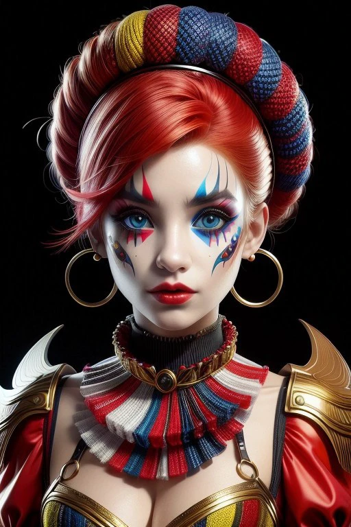 (high quality), (masterpiece), (detailed), 8K, Hyper-realistic portrait of a young woman in clown attire, her face painted with intricate designs, capturing the essence of playful mischief. (Vibrant colors1.2) adorn her outfit, from the (bright red wig1.3) to the (colorful ruffled collar1.2). (Expressive eyes1.3) convey a mix of joy and mystery, while (exaggerated makeup1.2) adds to the whimsical atmosphere. Trending on DeviantArt.