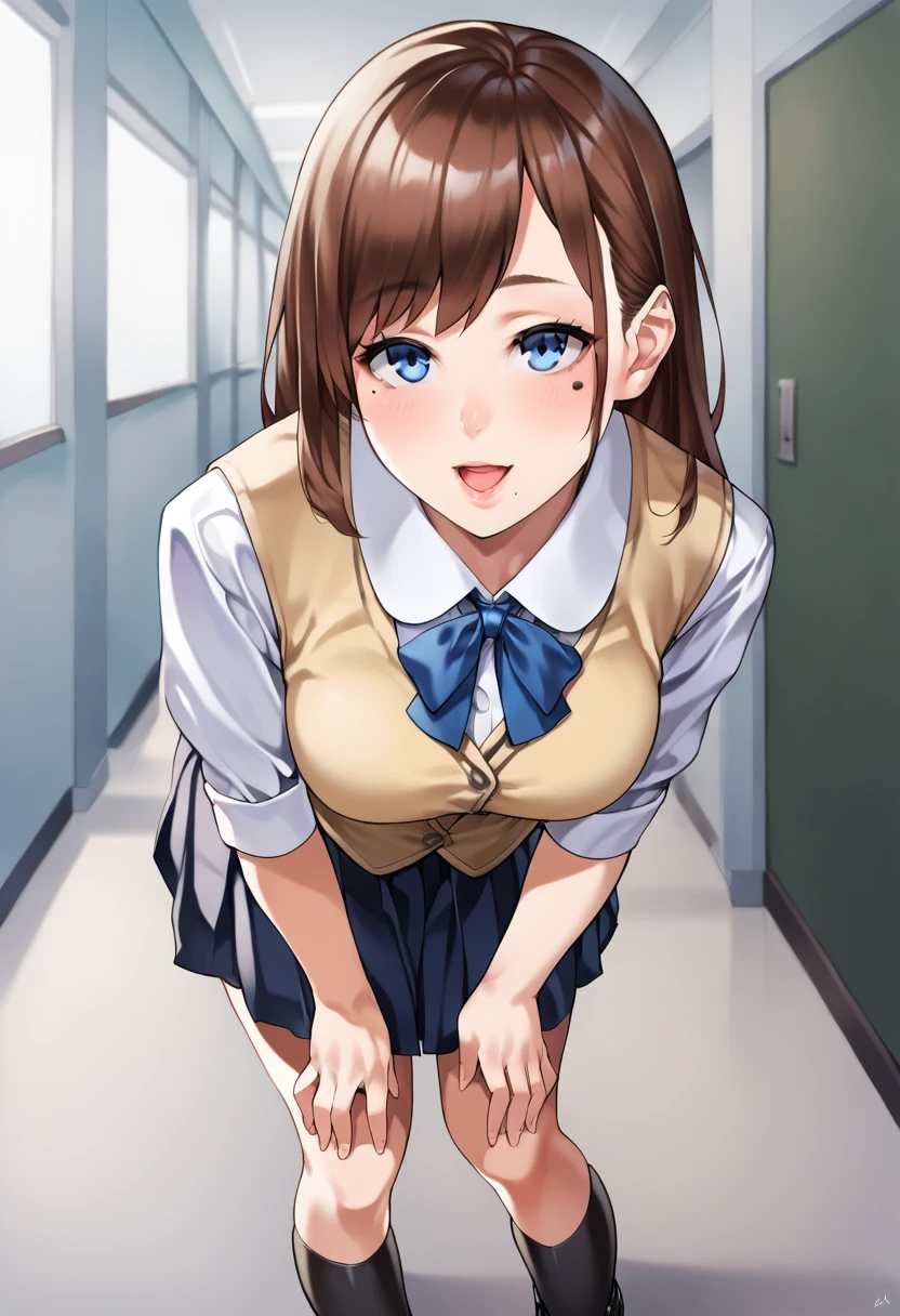 score_9, score_8_up, score_7, aesthetic, expressive, source_anime, celshaded, BREAK, 
1girl, shiny, young, long brown hair, bangs, soft blue eyes, beauty mark, lips, slight blush, smile, open mouth, tounge out, looking at viewer, leaning forward, dress shirt, vest, bow, pleated skirt, medium breasts, black shoes, 
warm lighting, school hallway, 
rich color, vibrant, indoors, depth of field,