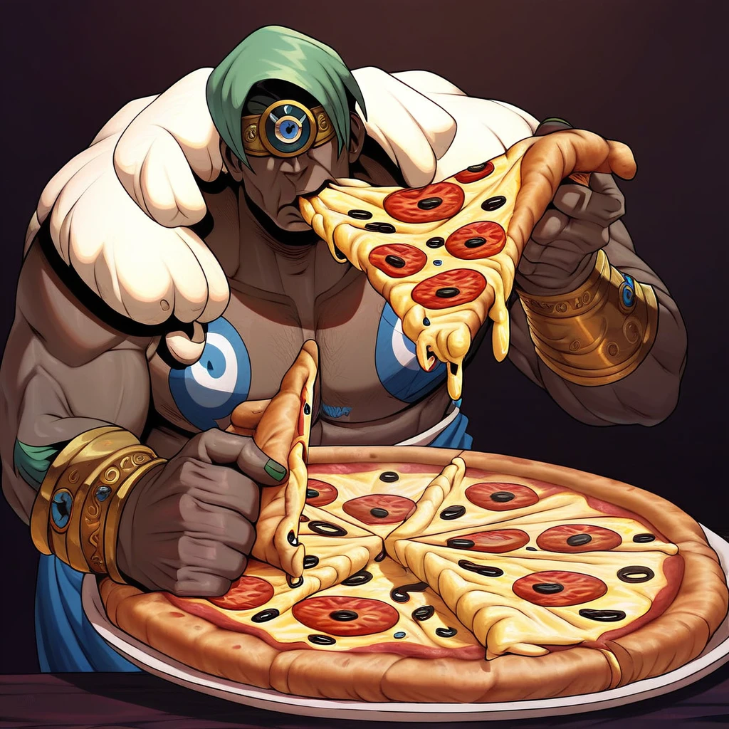 male focus, solo focus, solo, score_9, score_8_up, score_7_up, <lora:hades2polyphemus:1>  hades2polyphemus, covered eyes, giant, gigantic, dark skin, dark-skinned male, best quality, masterpiece, eating, eating pizza, pizza,