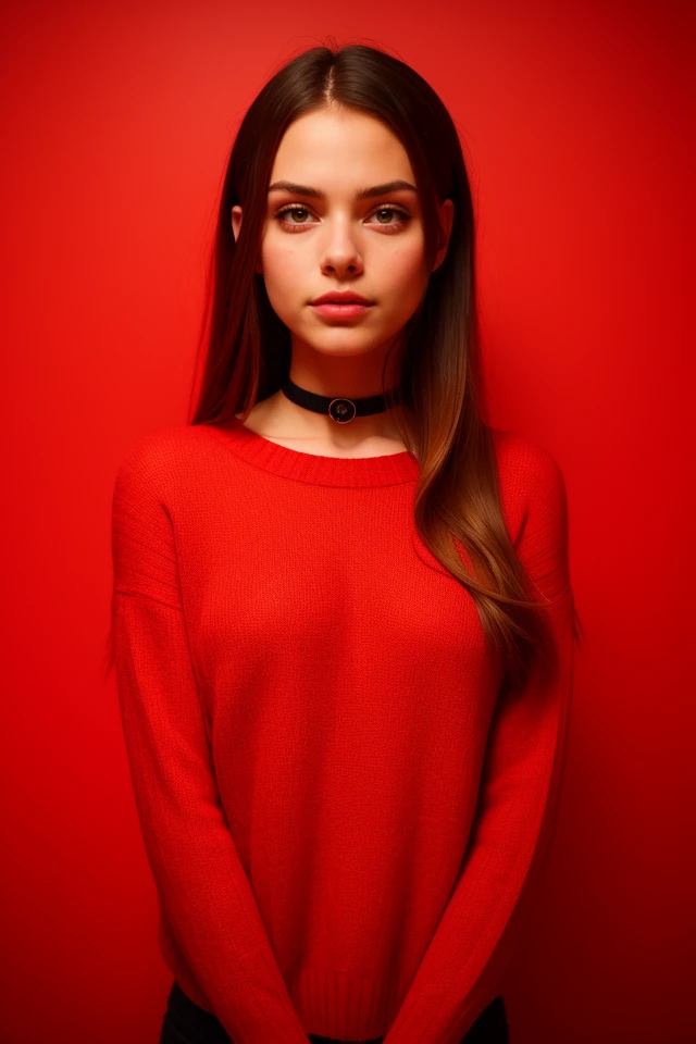 A young, cute 18-year-old Brazilian girl with a very slim and skinny figure, redhead, wearing a red lace choker around her neck and soft cateye makeup. She is dressed in an oversized knit jumper, exuding a cozy and softcore vibe. The warm, gentle lighting adds to the comfortable, Instagram-style aesthetic. The scene focuses on her upper body, with a cinematic feel and tones of black and red (black and red:0.85). A beautiful sunset in the background creates a soft, glowing ambiance (sunset beautiful background:1.3). The image is sharp, with dim and muted colors, enhancing the warm, intimate mood (dim colors). Her youthful and relaxed demeanor shines through in this Instagram-worthy shot with a red theme. (Instagram style, red theme, upper body shot), tattooed body