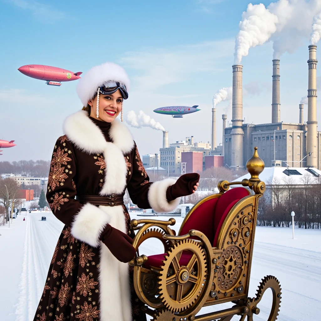 Photo, Snegurochka, high quality, steampunk style: captured in a fantastical steampunk setting, Snegurochka stands beside a large, gear-powered sleigh, her attire a mix of traditional winter fashion and mechanical elegance. She wears a fur-trimmed coat with copper gears and clockwork details, while her mechanical snow goggles rest on her head. The sky above is filled with steam-powered airships, and the city skyline is filled with towering factories that churn out clouds of steam. Snegurochka smiles as she adjusts a brass lever on the sleigh, ready for a winter adventure in this industrial, steampunk world