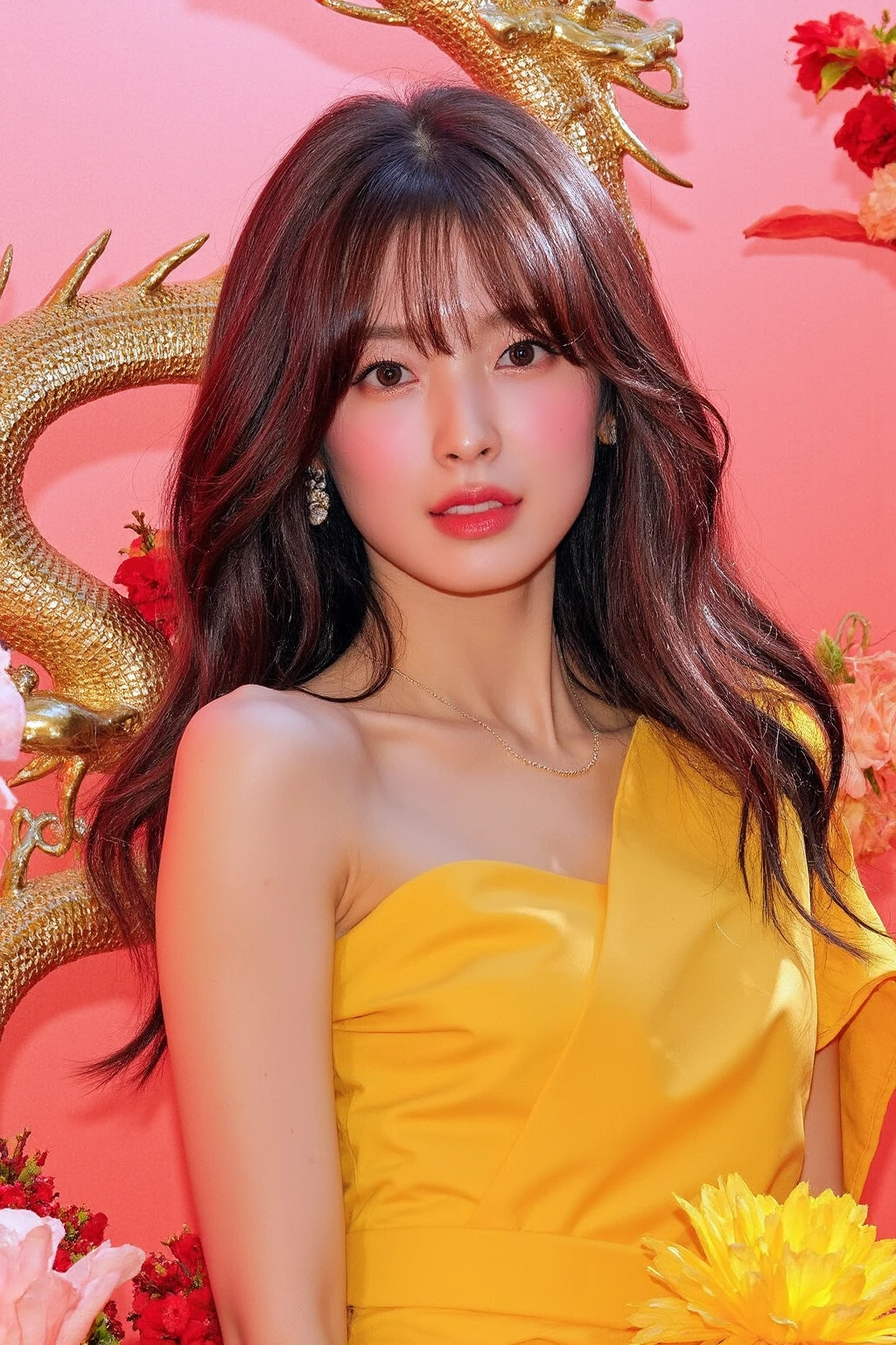 a young asian woman with a captivating and futuristic aesthetic. she has long, wavy hair with a striking combination of black and silver streaks,
The person is dressed in a yellow, off-the-shoulder dress that reveals one shoulder, adding to their sleek and modern look.
The background is a blend of warm, glowing colorsâprimarily pink and redâwith abstract, metallic, dragon-like forms intertwined with organic elements such as flowers and leaves.  The lighting casts a golden glow over the scene, further enhancing the ethereal and mystical atmosphere,<lora:flux_realism_lora:1>, <lora:makinaflux_arin_v1.0:1>