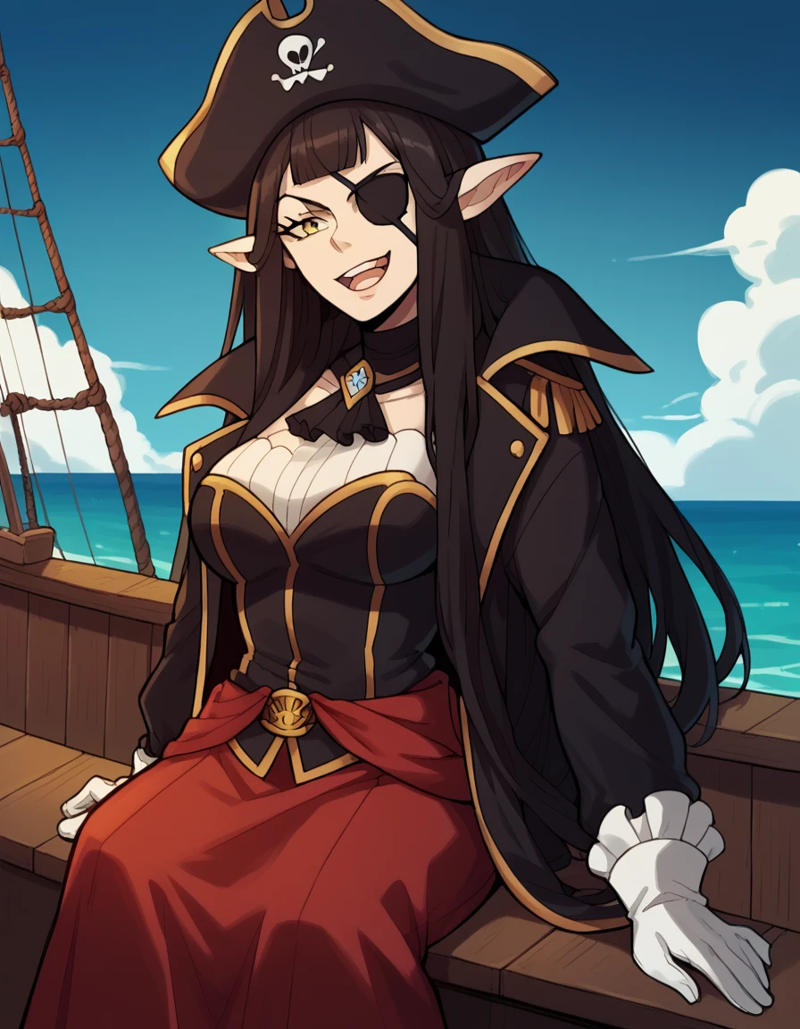 score_9, score_8_up, score_7_up, source_anime, <lora:semiramis-apocrypha-s1-ponyxl-lora-nochekaiser:1>, semiramis, black hair, blunt bangs, long hair, pointy ears, sidelocks, yellow eyes, large breasts,, <lora:pirate-costume-ponyxl-lora-nochekaiser:1>, pirate costume, pirate hat, skirt, gloves, jacket, shirt, eyepatch,, blue sky, sea, ocean, pirate ship, treasure, gold, smug, open mouth, from below, sitting,, , dutch angle, cowboy shot