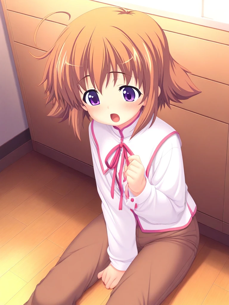 masterpiece, best quality, good quality, newest,  <lora:Takamori_Natsuki_IS:0.9>TakamoriNatsuki,   brown hair, short hair, ahoge, purple eyes, short stack, 
brown long sleeve, brown pants, open mouth, ribbon, day, blush, flooring, room,
sitting,