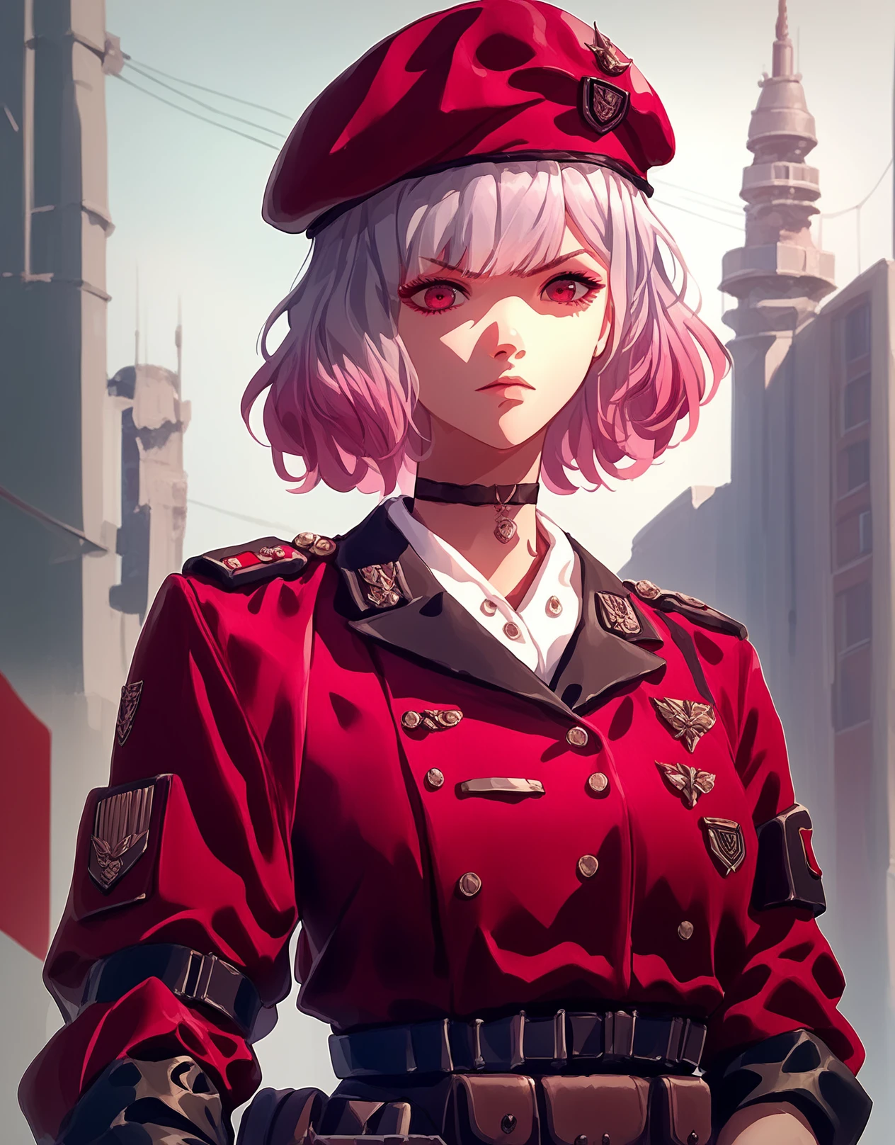 <lora:Midjourney_Style_Pony:1>,   <lora:Gentiane_Girls_FrontlinePONY:1> gentiane, gradient hair, pink and white hair, short hair, bangs, red eyes, military uniform, beret with pin, choker with pendent,, score_9, score_8_up, score_7_up, masterpiece, high quality, 8K, <lora:detailed_notrigger:1>