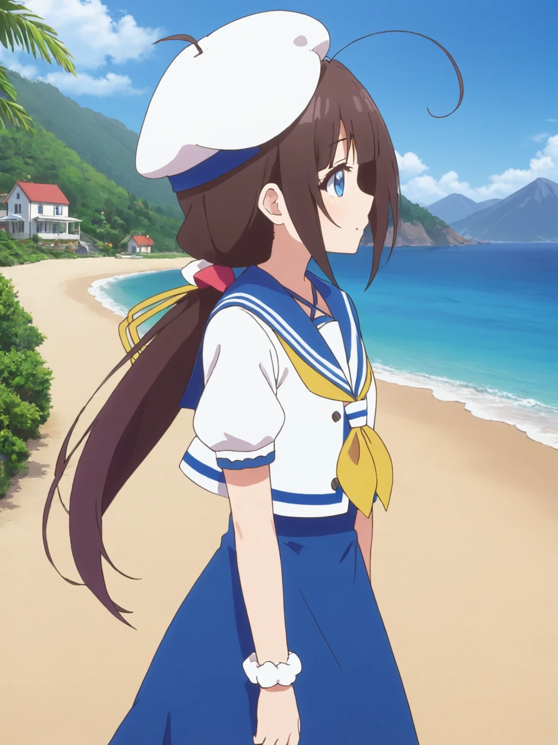 1girl,hinatsuru ai,solo,blue eyes,low twintails,ahoge,white beret,hair ribbon,summer_sailor_collar,neck strap,one side up,yellow neckerchief,puffy short sleeves,layered sleeves,white wrist scrunchie,blue skirt,mountain,from side,sea,beach,house,<lora:Hinatsuru ai-SDXL-lora-2024.10.20-version1:0.55>,