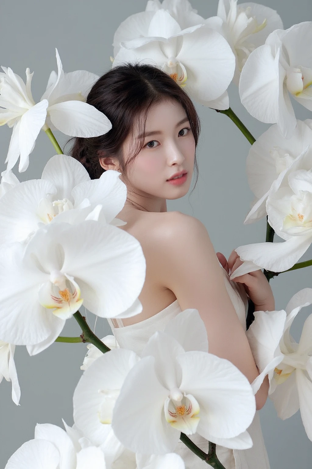 The image showcases a young asian woman. She is positioned against a silvery background, which is filled with large white orchids. The flowers dominate the composition, adding a dramatic and intense contrast to her skin tone and overall appearance.
The woman is dressed in sleeveless dress, which drapes softly over her shoulders, leaving her upper back and one shoulder exposed. Her expression is calm and slightly mysterious, with her gaze directed slightly to the side, away from the camera. The large flowers, some of which overlap with her figure, create a dreamy and surreal atmosphere, as if she is blending into or emerging from the floral background., <lora:flux_realism_lora:1>, ,<lora:makinaflux_arin_v1.0:1>