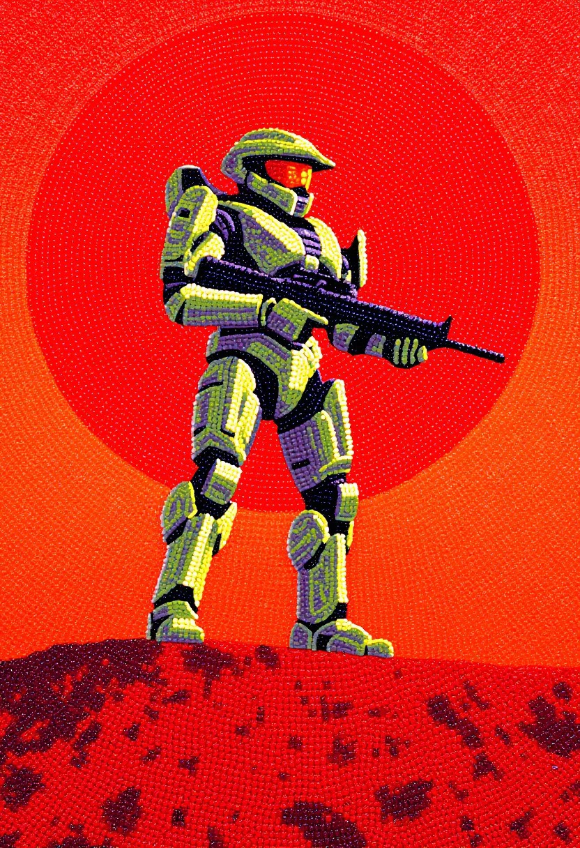 Jelly bean art of Master Chief on a red planet