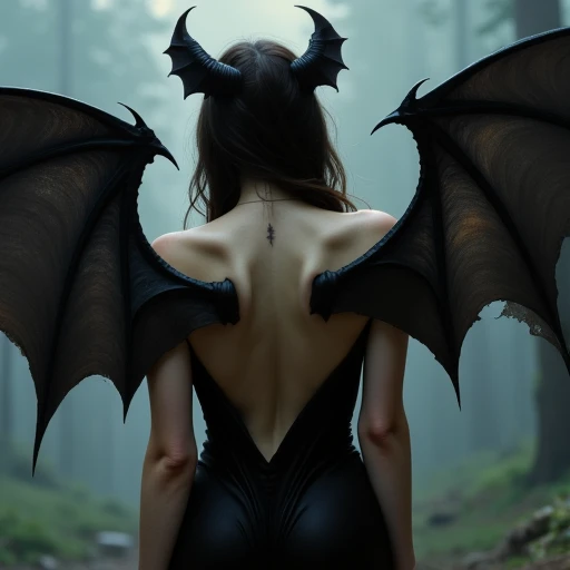 The image depicts a woman standing against a dark background. She is dressed in a long, flowing nightgown that cascades down to the floor. What makes this image unique and intriguing is the presence of two large, bat-like wings sprouting from her back shoulders, giving her an otherworldly appearance. The wings are dark and have a bat-like shape with outstretched fingers, suggesting the ability to fly or glide. The woman's posture is relaxed, with her head turned slightly away from the viewer. There are no texts or other objects in the image, and the focus remains solely on the woman and her striking wings.