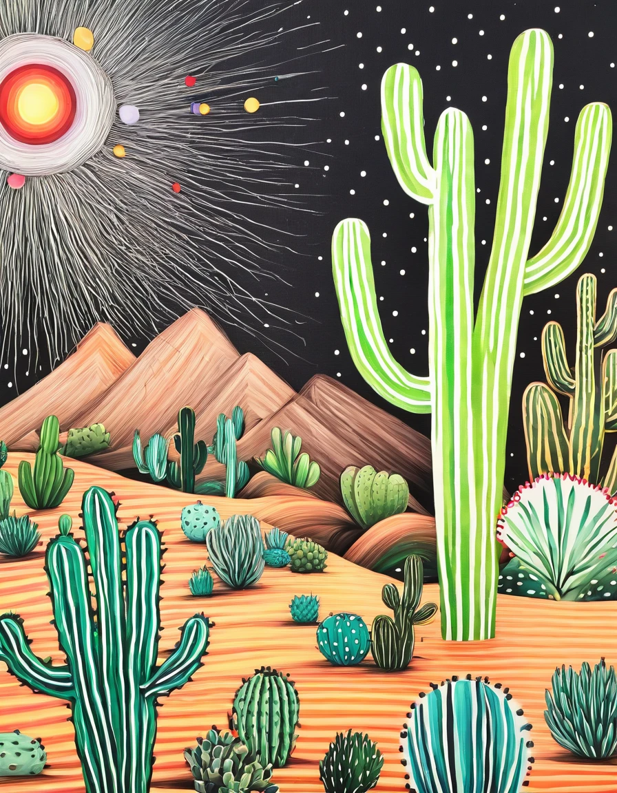 novuschroma style desert landscape with cacti and succulents naive art