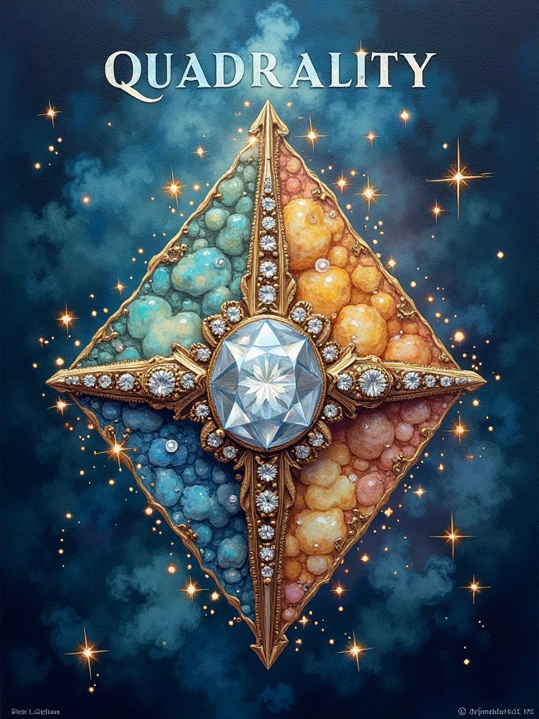 4 quadrants. Airbrushing. Soft dreamy watercolor.

Jewels, gemstones, diamond ring, sparkles.

Atmospheric. Misty. Cosmic splendor.

Large sparkling Christmas text at the top of the picture: "Quadrality".

qdrltyCE style
