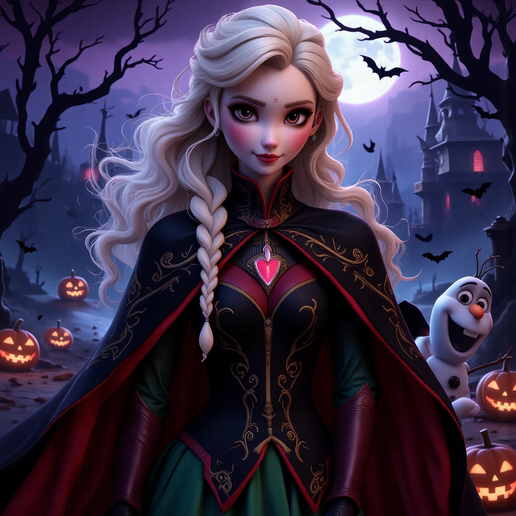 Princess Anna from Frozen, dressed in her classic attire, now transformed with a vampire Halloween theme. Her green skirt is now deep crimson, patterned with dark thorny vines and subtle bat motifs. She wears a black velvet cloak with deep red lining, decorated with golden embroidery resembling gothic candelabras and vampire symbols. Her brooch is shaped like a vampire fang, glowing softly with a red hue. The scene is set on a foggy Halloween night during a vampire ball at the castle, bathed in crimson and purple lights. Anna stands near a forest of twisted, gnarled trees lined with flickering crimson lanterns, as black bats fly overhead. Olaf is dressed as a vampire jack-o’-lantern, his carved face illuminated from within, with sharp fangs and a red velvet cape. Small vampire pumpkin spirits with mischievous glowing red eyes float around the castle. The full moon enhances the eerie and gothic atmosphere, casting long shadows on the scene. Enhanced all, Fantasy detailers,Spooky Art Drawing,anime