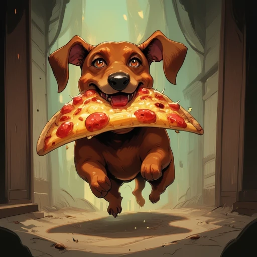 Digital ilustration in style of NeonhadesmixV2 of a dachshund running away with a big slice of pizza in his mouth