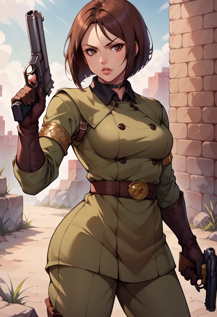 score_9, score_8_up, score_7_up,  source_anime,  BREAK   <lora:KOFWhip:1>, KOFWHP, brown hair, short hair, brown eyes, military uniform, thighlet, gloves, belt, armlet,  gun, holding gun, brick wall, aiming,  breasts, 1 girl, solo,  parted , cowboy shot, parted lips,