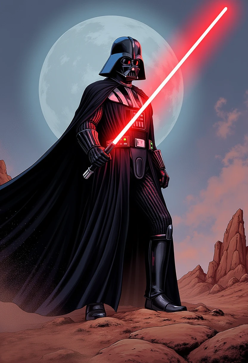 The image is a digital drawing in a comic book style, depicting a dramatic scene from the Star Wars universe. The central figure is Darth Vader, the iconic Sith Lord, standing on a rocky, barren landscape. He is dressed in his signature black armor, complete with a black cape billowing behind him, creating a sense of movement and power. He holds a glowing red lightsaber, which casts an intense light across his face, revealing his menacing helmet and stern expression.