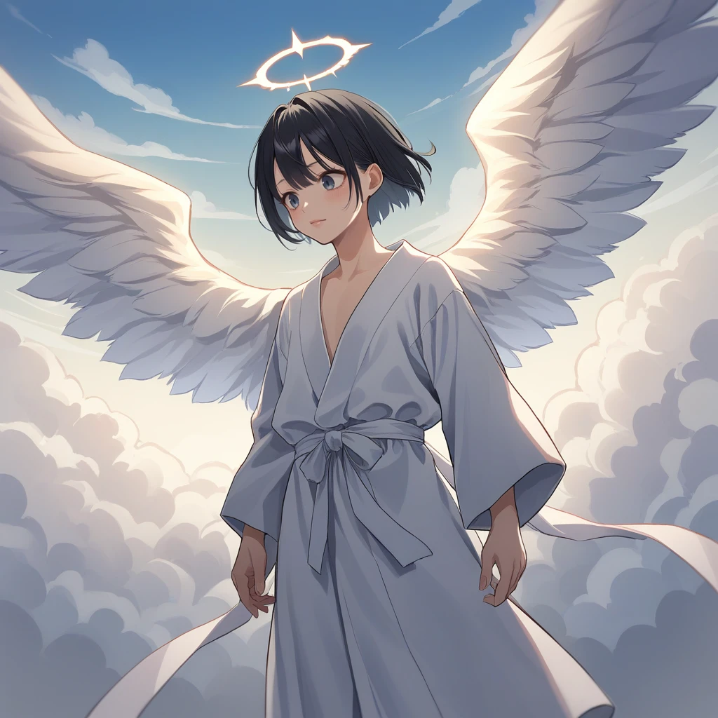 score_9, score_8_up, score_7_up, score_6_up, score_5_up, score_4_up, zPDXL2,source_anime,rating_questionable,1girl, cowboy shot, white angel robe, angle wings,long black hair,  <lora:Above_Clouds:0.8> 4bov3cld, clouds, sky,cloud,