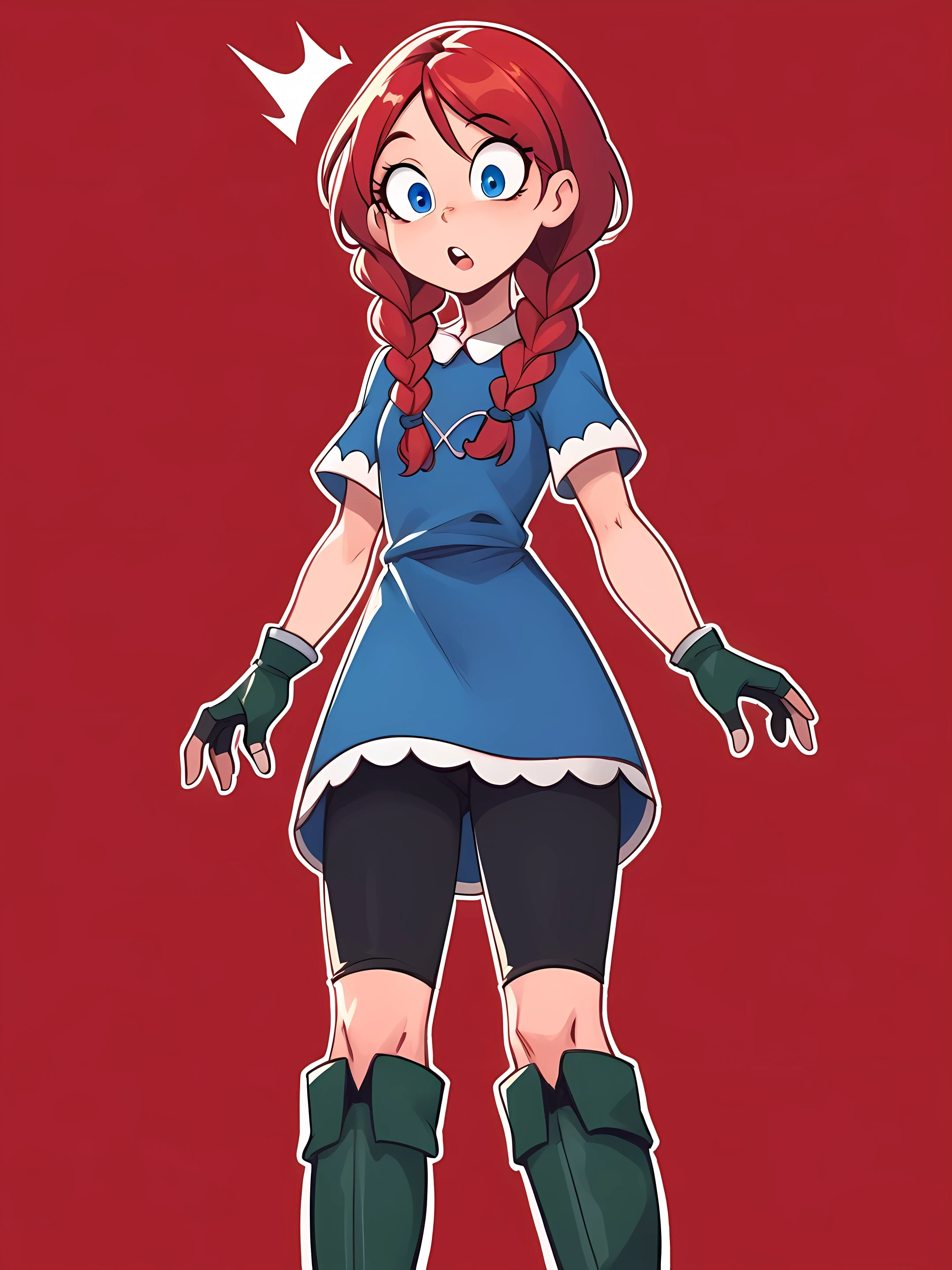 score_9, score_8_up, score_7_up, score_6_up, score_5_up, raichiyo33, 1girl, highres, red background, solo 1girl, white outline, SofiaO, blue eyes, red hair, braid, twin braids, blue dress, knee boots, bike shorts, boots, gloves, fingerless gloves, black shorts, bike shorts, upper body, surprise