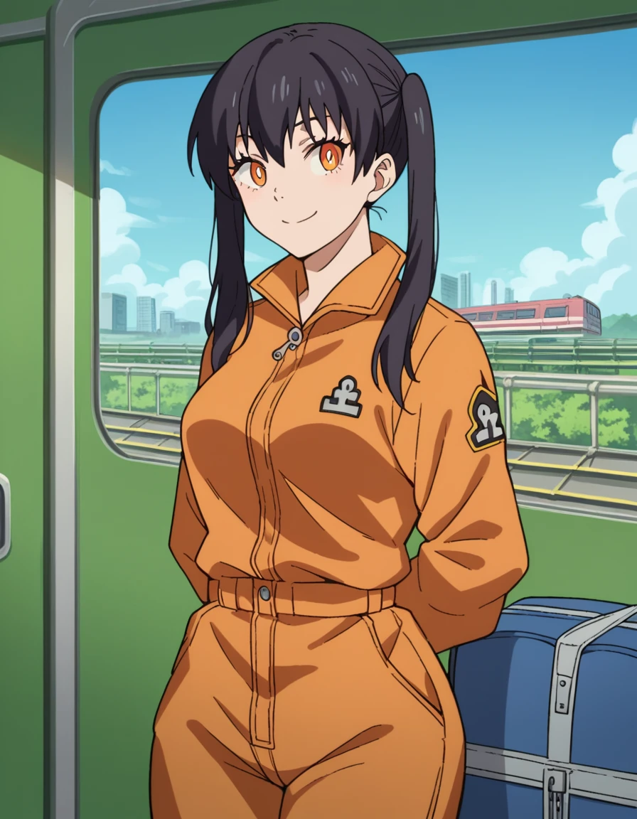 score_9, score_8_up, score_7_up, source_anime, <lora:tamaki-kotatsu-s1s2-ponyxl-lora-nochekaiser:1>, tamaki kotatsu, long hair, bangs, black hair, twintails, medium breasts, yellow eyes, orange eyes,, jumpsuit, orange jumpsuit, train station, waiting for train, suitcase, traveling, commute, city skyline, hands behind back,, smile, v,, looking at viewer, solo,, dutch angle, cowboy shot