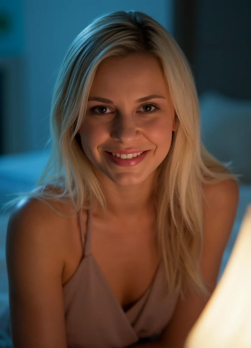 a close up photo of Lola with blonde hair. shes wearing a conservative dress.
A sly grin spreads across her face, hinting at a clever plan.
The scene is awash in pale, bluish light that gently fades into soft shadows, creating a tranquil, moonlit feel with a cool and soothing ambiance. 