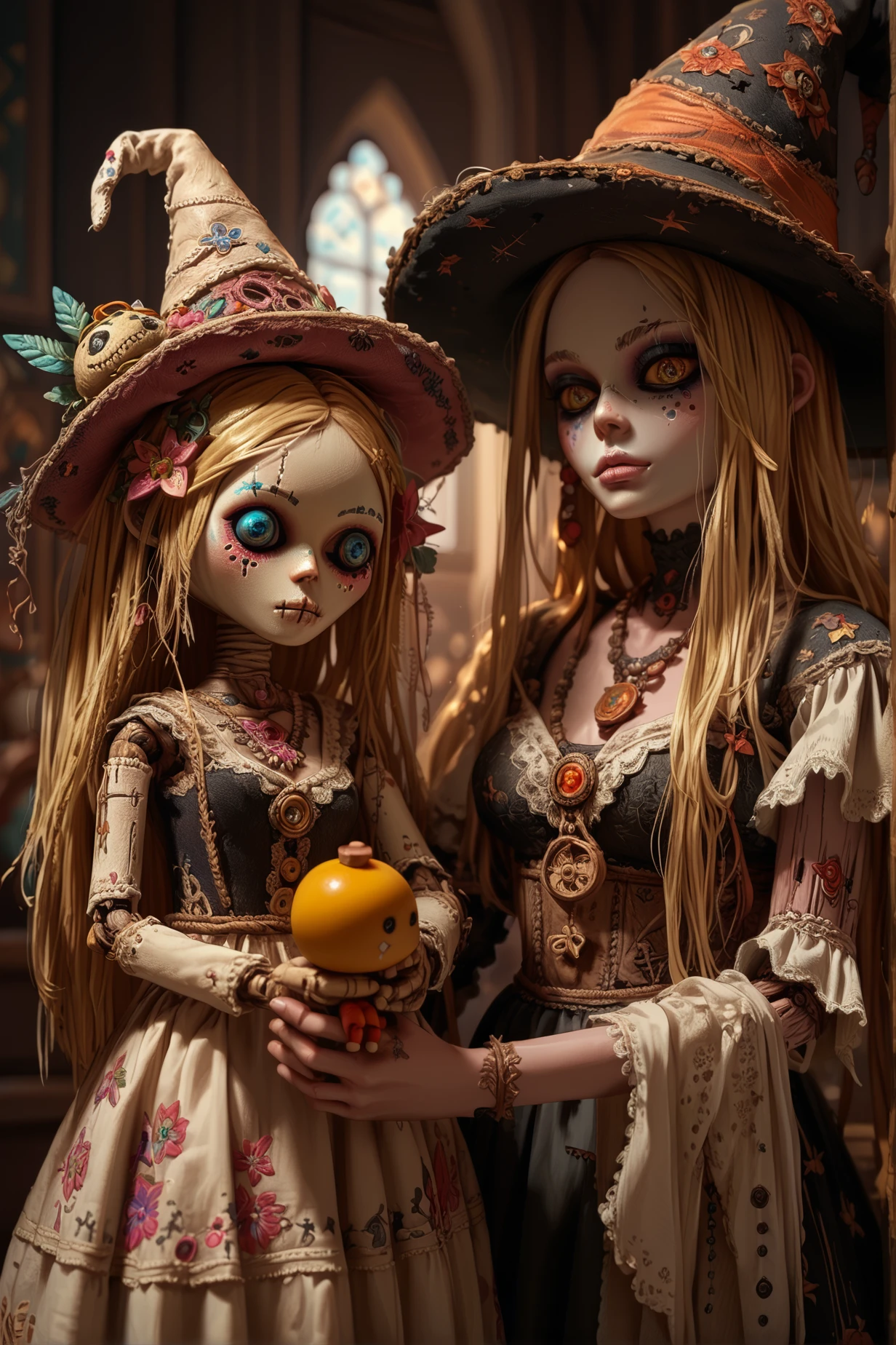 score_9, score_8_up, score_7_up, score_6_up, Doll Whisper, 1 beautiful girl, hold a doll, doll like human, witch, long blonde hair, needel hat, stitched