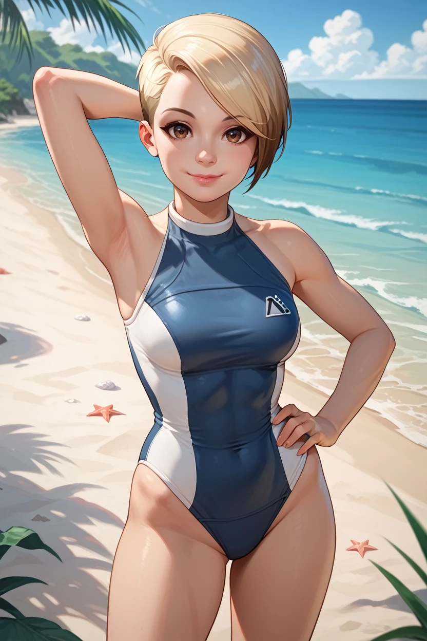 score_9, score_8_up, score_7_up,
<lora:MEACora:0.8>
MEACora, 1girl, blonde hair, multicolored hair, brown eyes, short hair, looking at viewer, cute swimsuit, beach, hand on own hip, arm behind head, smile, standing, cowboy shot