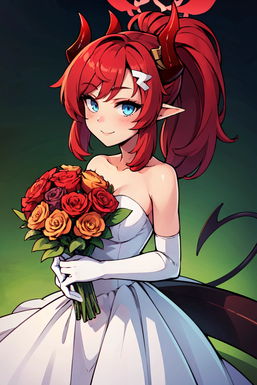 ((masterpiece,best quality)), absurdres,  BREAK, , <lora:Megu_BlueArchive_Citron:0.8>,, zzMegu, red hair, horns, demon horns, long hair, blue eyes, ponytail, halo, pointy ears, hair ornament, red horns, tail, demon tail, , BREAK, bride, wedding dress, bridal veil, strapless dress, elbow gloves, holding bouquet,, BREAK, solo, smile, looking at viewer, cowboy shot,