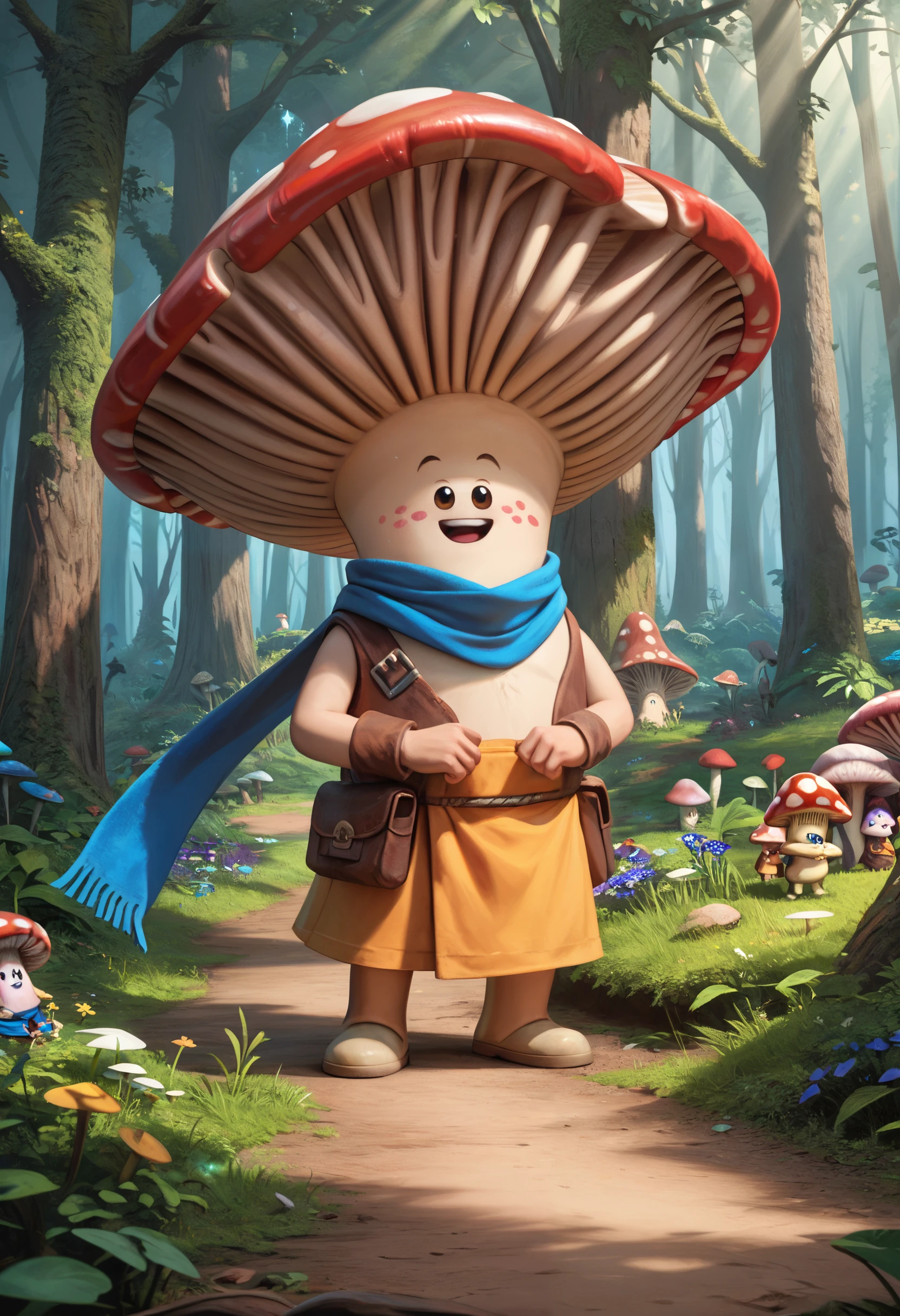 Masterpiece, score_9, score_8_up, mush-mush, mushroom, anthropomorphic mushroom, adventurous mushroom character, wearing a blue scarf, tall mushroom cap, standing in a mystical forest, glowing light filtering through trees, surrounded by floating flowers, fantasy environment, soft shadows, vibrant colors, detailed textures, joyful expression, whimsical mood   <lora:Mush-Mush_and_the_Mushables_-_Style__Pony_V6:1>