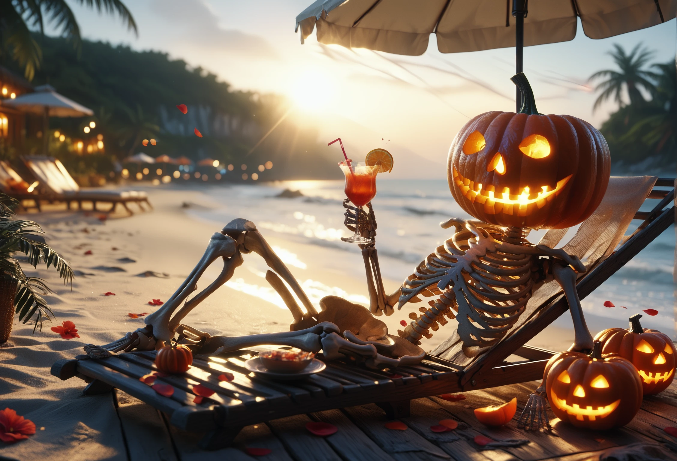 score_9, score_8_up, score_7_up, Skel-o'-lantern, skeleton, jack-o'-lantern, no humans, lying on deck chair, umbrella, cocktail_glass, beach, palm_tree, falling_petals, dappled_sunlight, glowing eyes, glowing mouth,