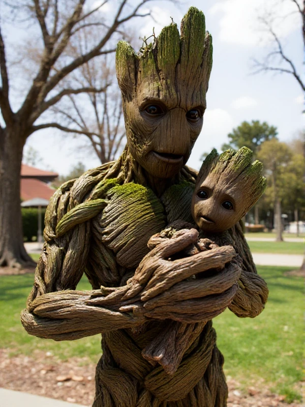 a realistic photo of Adult Groot holding baby groot in a park <lora:Groot:0.9>