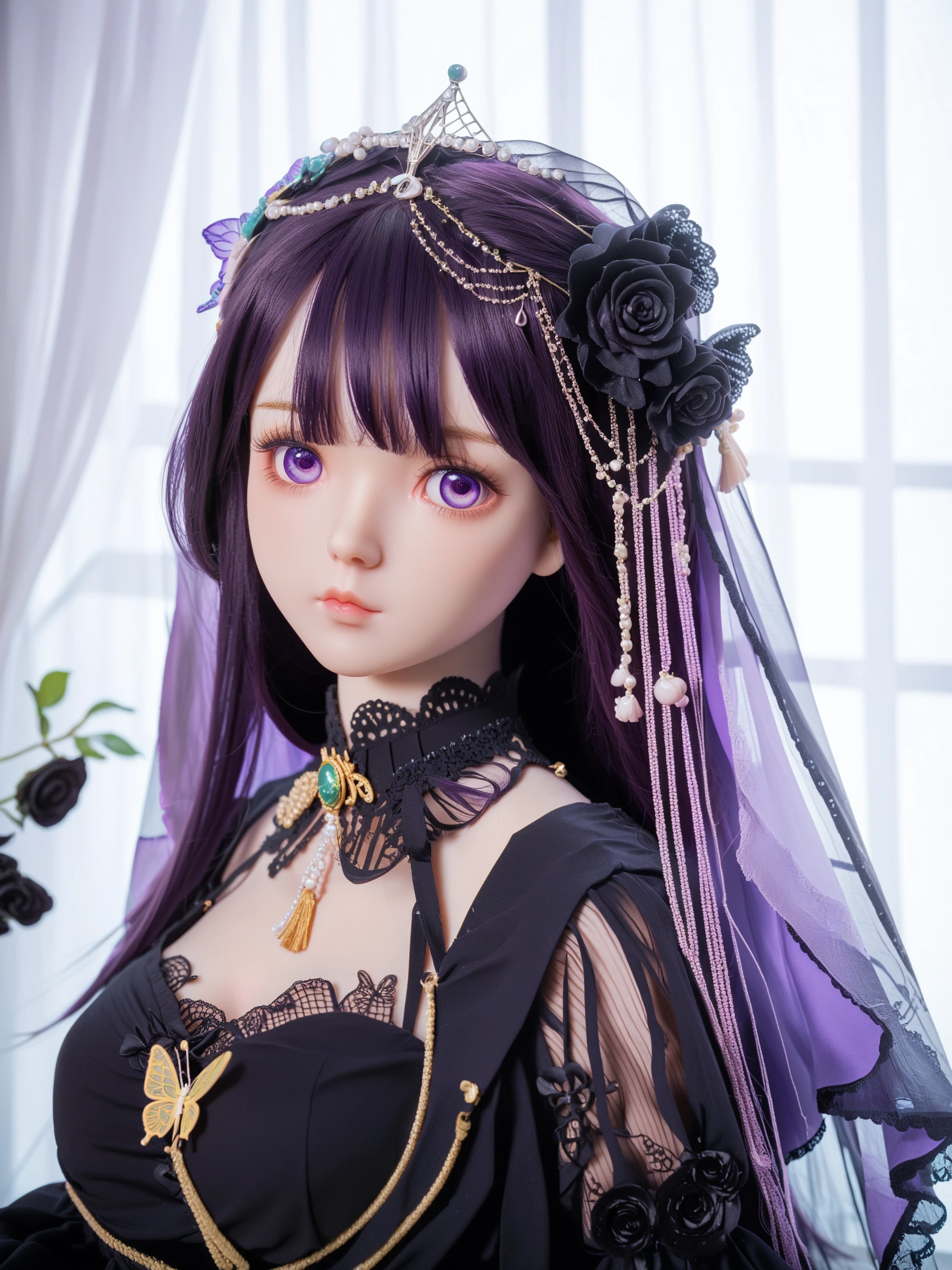 score_9,score_8_up,score_7_up,photo background,
1girl, butterfly, bug, solo, veil, black flower, black rose, purple eyes, black hair, long hair, looking at viewer, upper body, flower, dress, black dress, purple butterfly, rose, closed mouth, hair ornament, hair flower, long sleeves, expressionless, white background, breasts, curtains