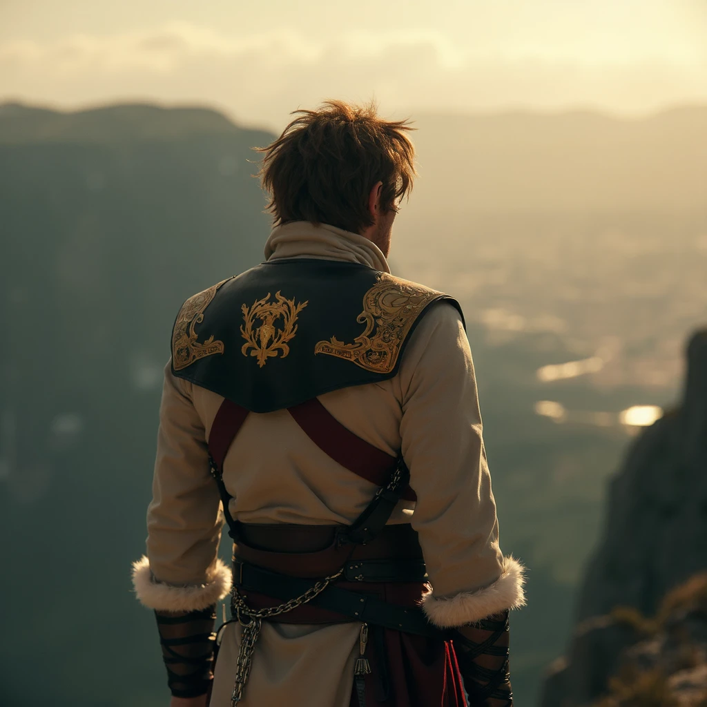 cinematic film still <lora:trevor_v2-just more pics:0.9> cinematography. moody atmosphere. film scene by denis villeneuve.  Trevor, seen from behind, stands at the edge of a cliff, his beige tunic with upturned collar and gold shoulder pads reflecting the soft light of dusk. His red harness and white fur-lined bracers offer protection, while his brown tousled hair falls over his eyes as he stares out at the distant horizon. His chain whip hangs at his side, ready for the next battle. The gold belmont family crest is clearly visible., shallow depth of field, vignette, highly detailed, high budget Hollywood film, bokeh, cinemascope, moody, epic, gorgeous, film grain