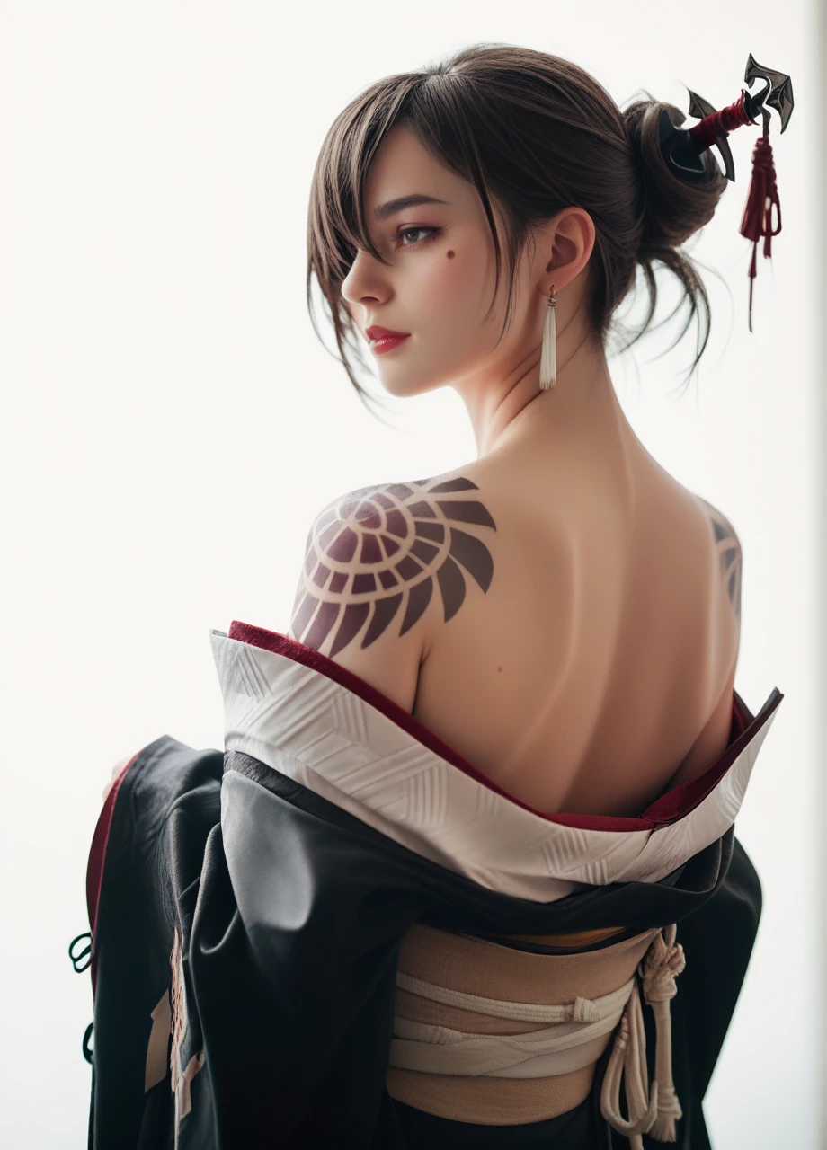 photo, nierakeha, 1girl, solo, hair over one eye, hair bun, mole under eye, pale, lipstick, earrings, hair stick, kimono, back to viewer, shoulder tattoo, japanese clothes, off shoulder, cowboy shot, white background <lora:Nier_Akeha-PONY:0.8>, score_8_up, score_7_up, score_6_up, score_5_up, score_4_up,