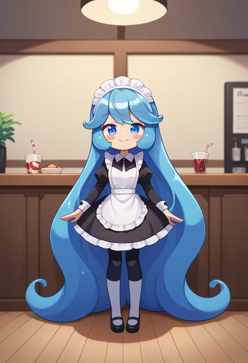 score_9, score_7_up, source_anime, BREAK
creamsoda, antro, female, 1girl, solo, long hair, looking at viewer, smile, blue eyes, cafe, maid outfit, maid headdress, very long hair, blue hair, full body, blush stickers, absurdly long hair, liquid hair, 