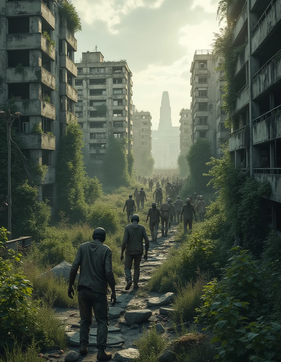 A landscape photo of a small horde. Outdoors, a few zombies wandering the overgrown city. A distant, arial view of the post-apocalyptic town. Realistic scenery and ruins. <lora:zombiecore:0.6> z0mb1ec0re