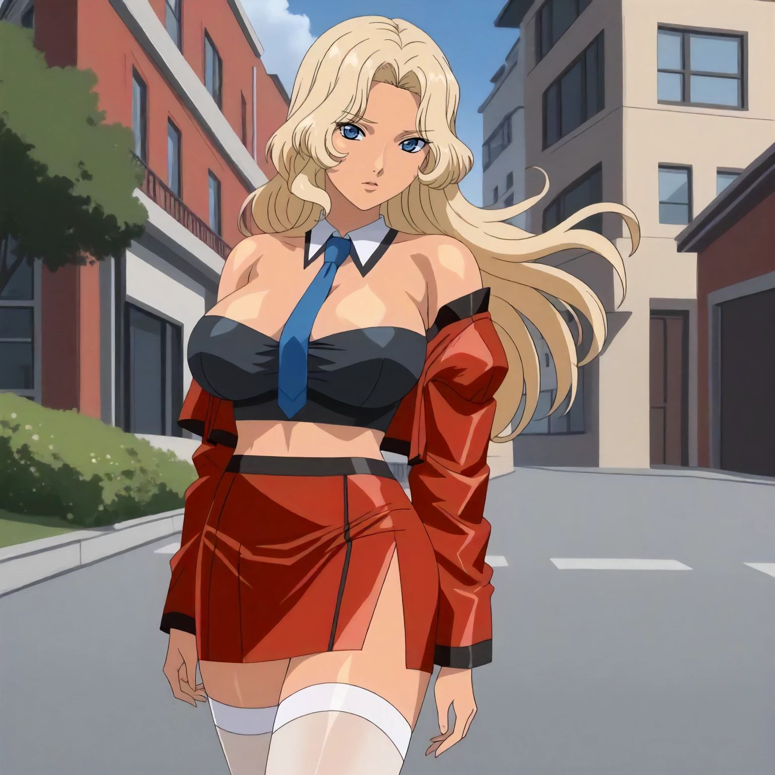 <lora:GSE_MiekoXLpony001>,
outdoors,
solo,
Mieko,1girl,blonde hair,long hair,blue eyes,tan,
large breasts,
cropped jacket,red jacket,one side off -shoulder,cleavage,black shirt,blue tie,
microscart,red skirt,
white thighhighs,
standing,