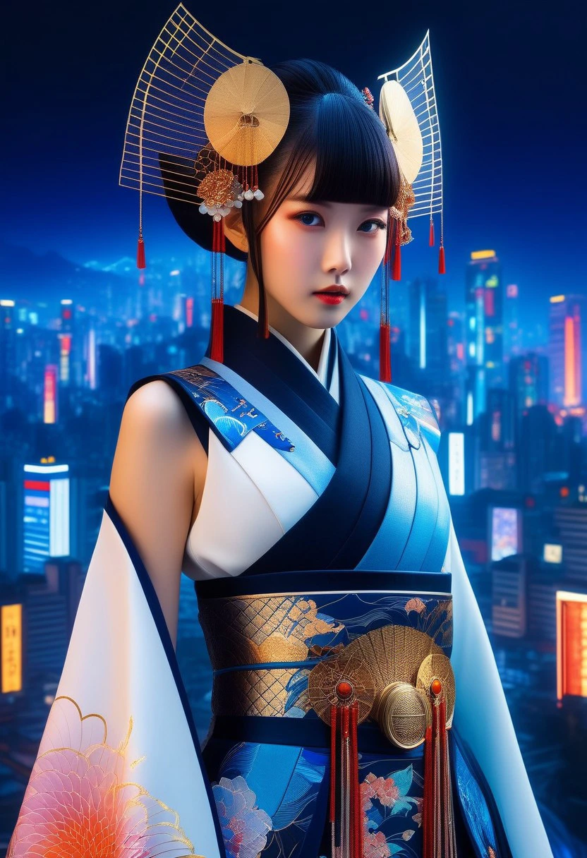 (High quality), (masterpiece), (detailed), 8K, A captivating portrait of a young woman, her features rendered with exquisite precision, showcases a fusion of fantasy and futuristic aesthetics. She dons a sleek, modern ensemble, blending traditional Japanese motifs with cutting-edge fashion. The background, a blend of vibrant cityscape and digital artistry, hints at a world where ancient culture meets advanced technology.