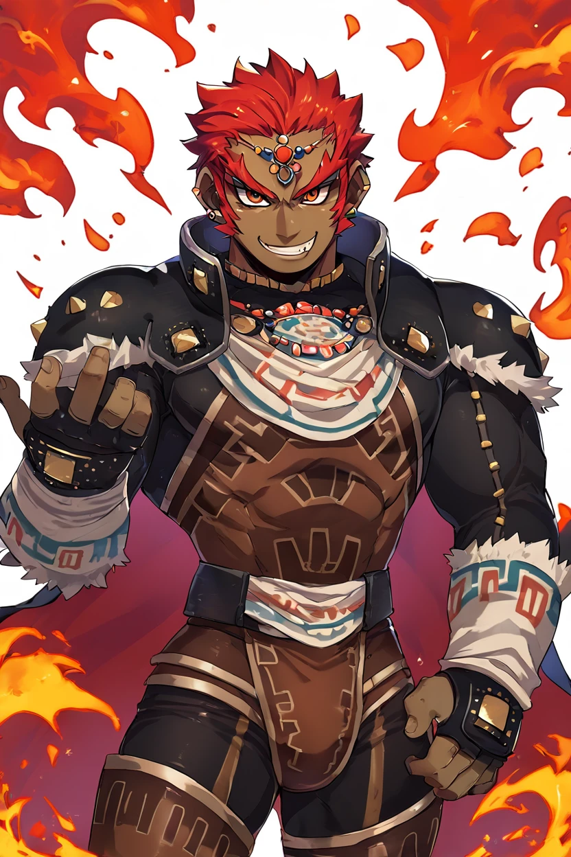 score_9, score_8_up, score_8,   BREAK, , ,,, (upper body),  zzGanondorf, 1boy, red hair, dark skin, armor, gloves, jewelry, muscular, shoulder pads, short hair, cape, muscular,  fire, aura,  <lora:Ganondorf_OoTZelda_PDXL:0.8>,   ,,,, BREAK, smile, looking at viewer, cowboy shot, ,,, embedding:zPDXL, Expressiveh, ,,, <lora:Zankuro_Style_PDXL:0.8> <lora:SDXLFaeTastic2400:0.5>, <lora:Expressive_H-000001:0.4>,