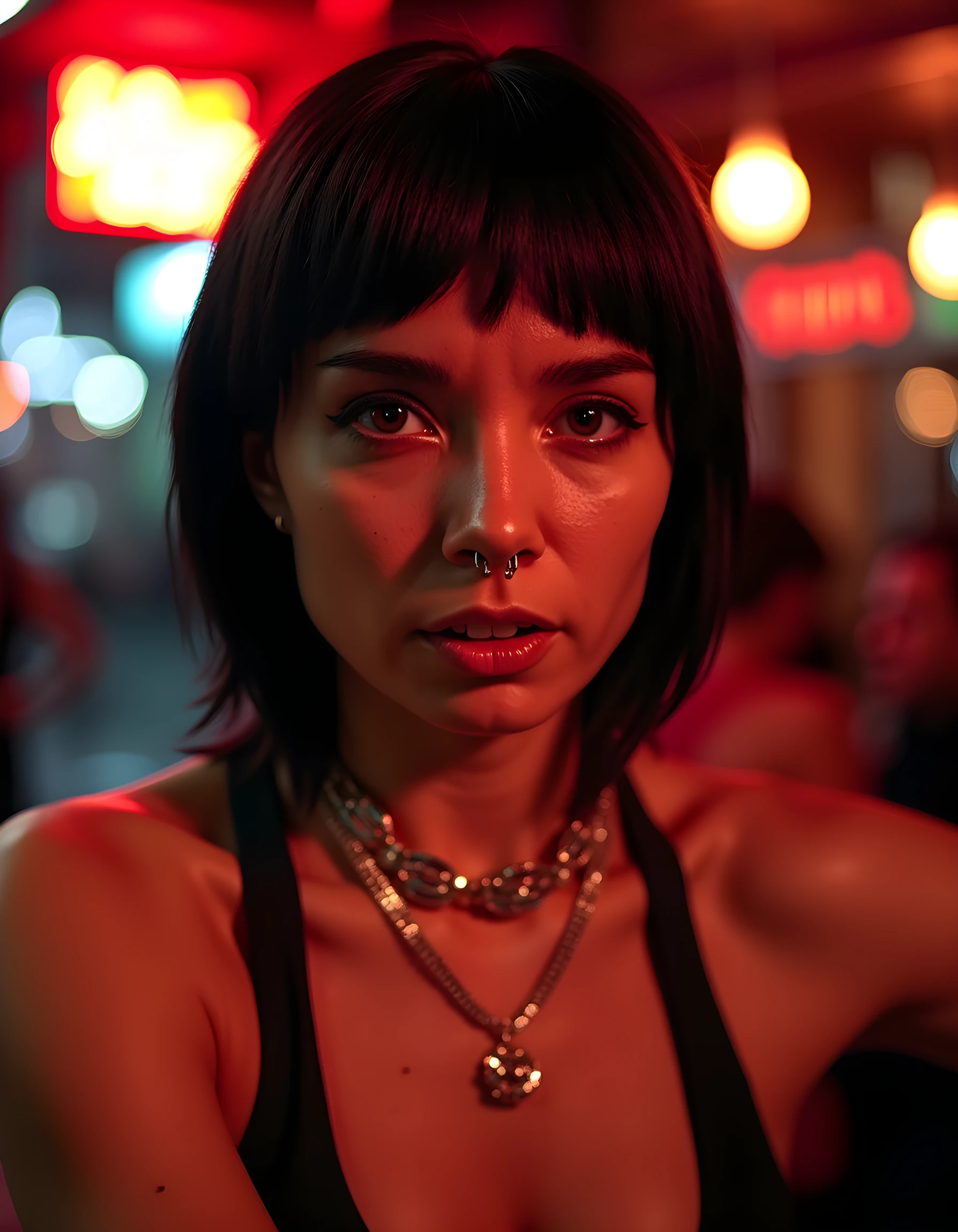 In a gritty, neo-noir setting, the captivating H4R0P0N3S, a woman of striking beauty with a single mole on her lower left lip, strikes an intense pose, her teeth slightly bared in a hint of defiance. Her raven-black hair cascades down her back like a waterfall, framing her angular face under the harsh, low-key lighting of a dimly lit speakeasy. A dazzling array of jewelry adorns her neck and fingers, reflecting the glint of neon signs from the rain-soaked streets outside. The image is captured in a tight close-up, focusing on her piercing eyes and the delicate play of light on her ruby red lips, exuding an aura of mystery, danger, and unspoken power.