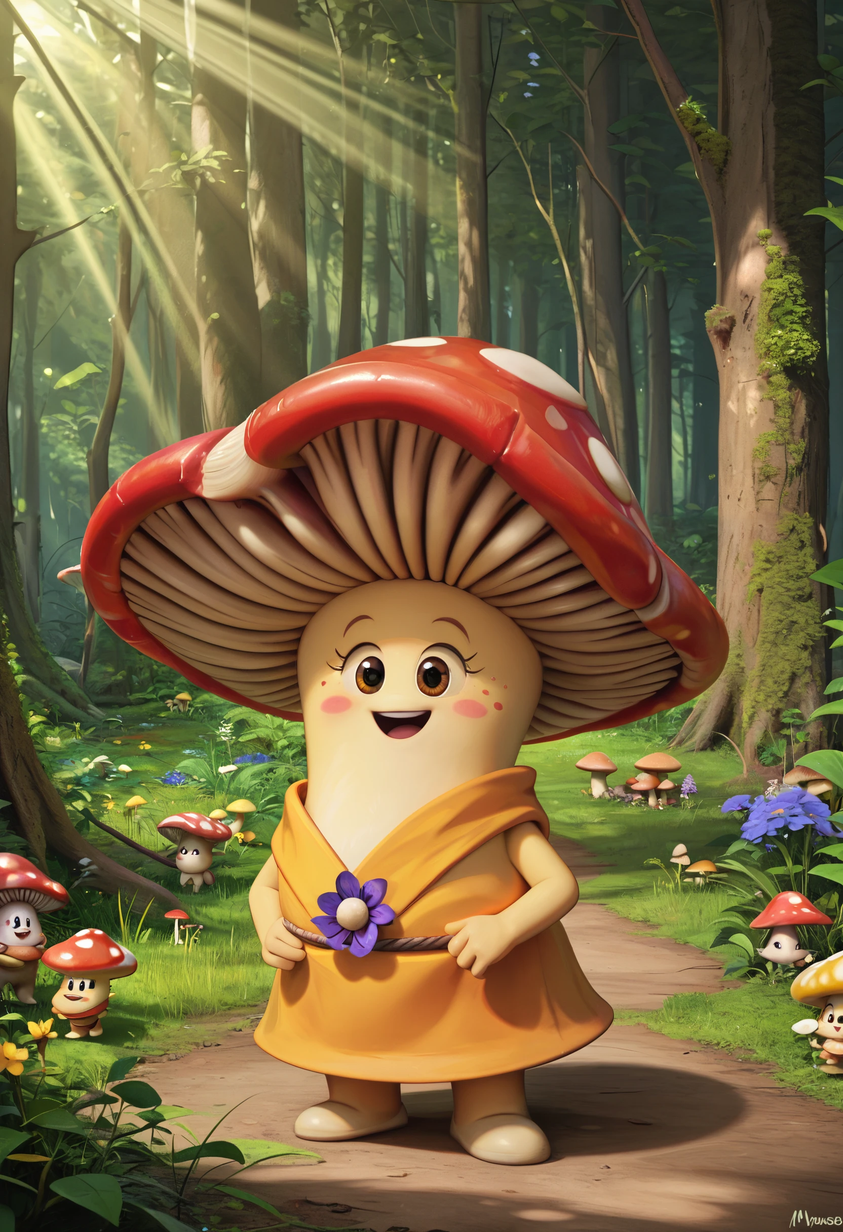 score_7_up, mush-mush, female mushroom, (female anthropomorphic mushroom), happy mushroom character, yellow mushroom cap, wearing a small hat with a flower, cute and smiling, young female mushroom, sexy outfit, standing in a bright forest clearing, soft warm lighting, friendly and playful expression, lush green background, simple and cheerful atmosphere <lora:Mush-Mush_and_the_Mushables_-_Style__Pony_V6>